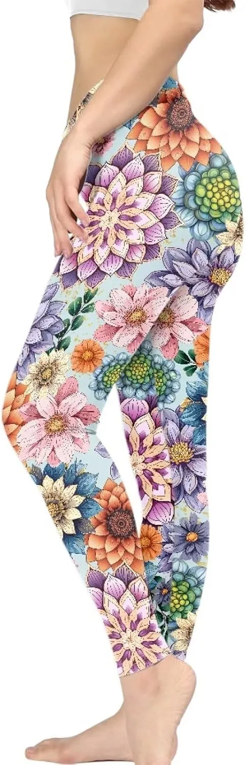 Bulopur Sunflower Workout Legging Pants Full Length, Leopard Women Tummy Control Yoga Pants, Long Leggings for Sport Running