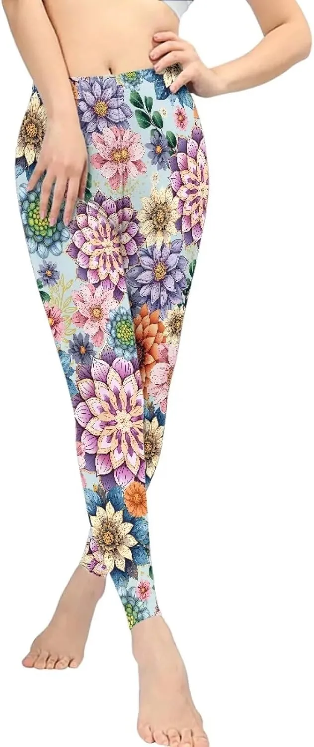 Bulopur Sunflower Workout Legging Pants Full Length, Leopard Women Tummy Control Yoga Pants, Long Leggings for Sport Running