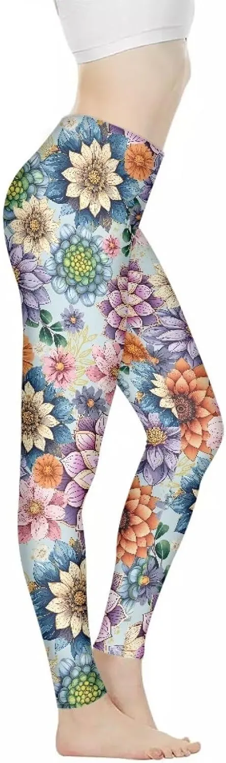 Bulopur Sunflower Workout Legging Pants Full Length, Leopard Women Tummy Control Yoga Pants, Long Leggings for Sport Running