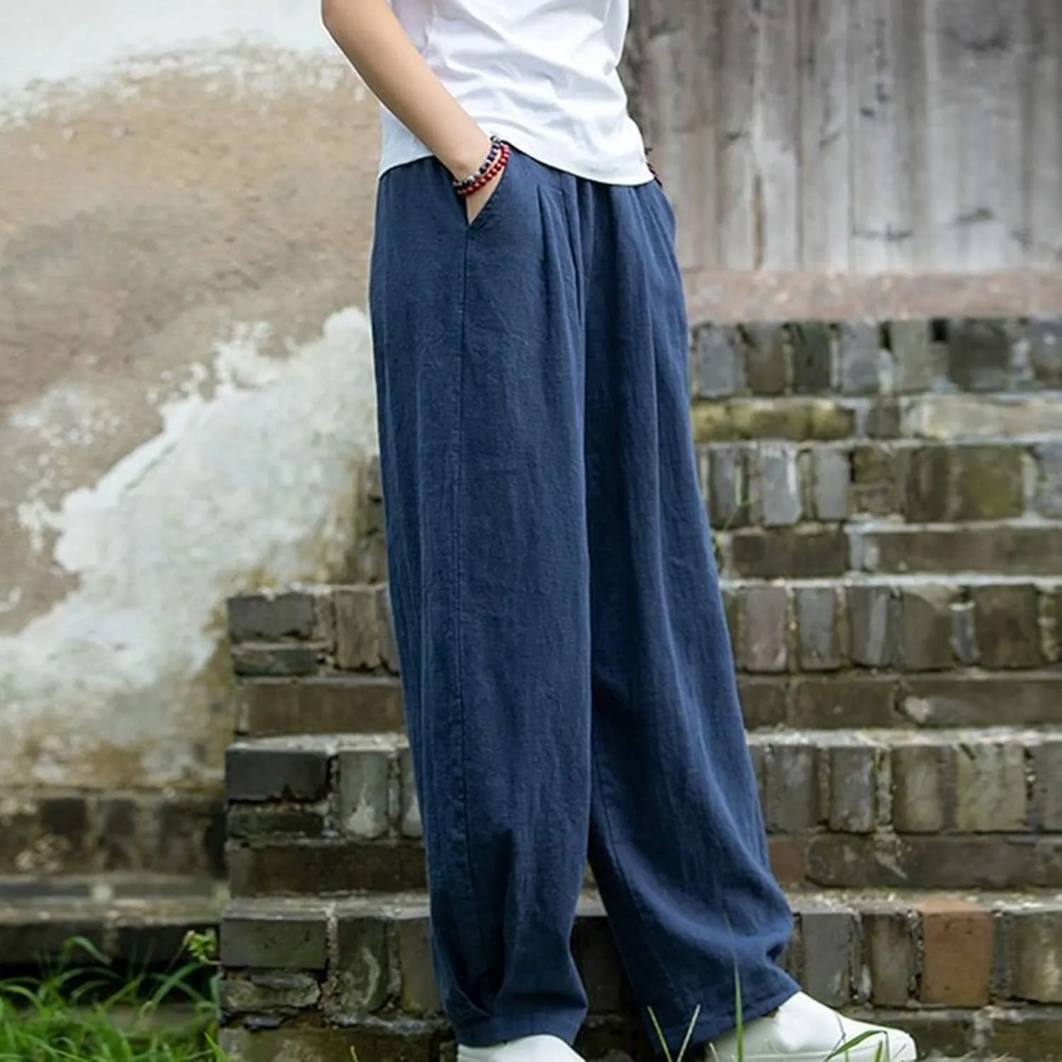 BZGTZT Women Cotton Linen Pants Summer Wide Leg Trousers Elastic High Waist Loose Fit Light Weight Lounge Pants with Pocket