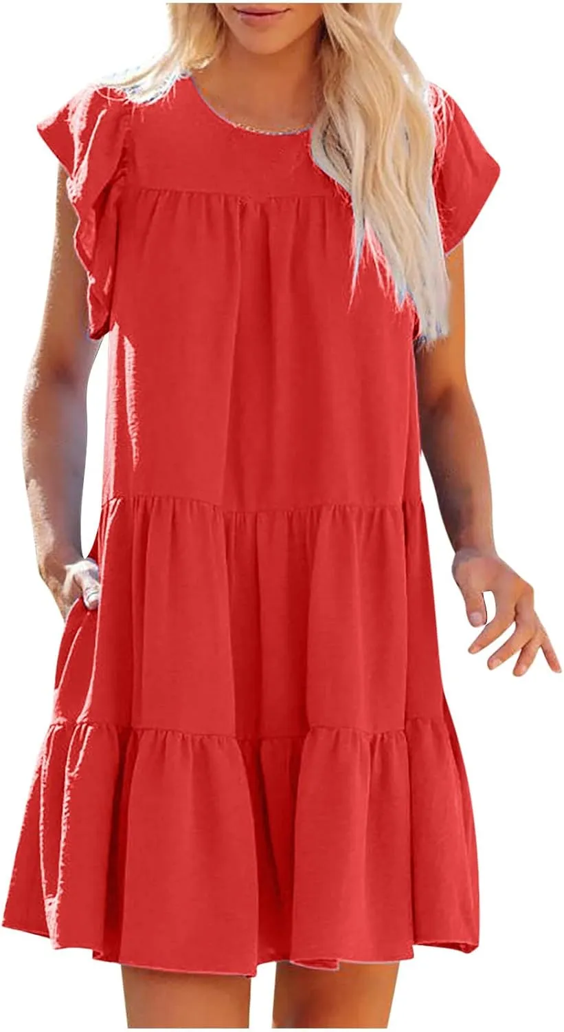 Cap Sleeve Dress for Women 2025 Summer Casual Crew Neck Ruffles Flowy Loose Swing Beach Mini Dresses with Pocket