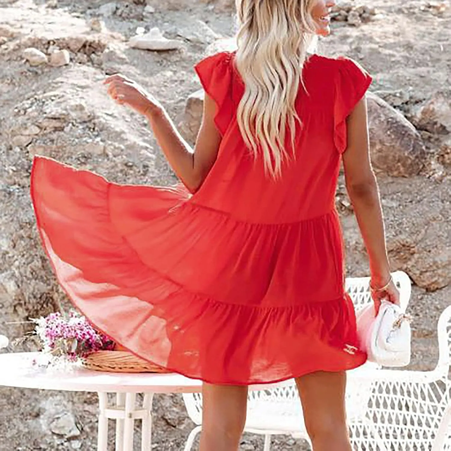 Cap Sleeve Dress for Women 2025 Summer Casual Crew Neck Ruffles Flowy Loose Swing Beach Mini Dresses with Pocket