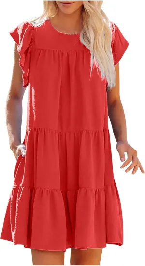 Cap Sleeve Dress for Women 2025 Summer Casual Crew Neck Ruffles Flowy Loose Swing Beach Mini Dresses with Pocket