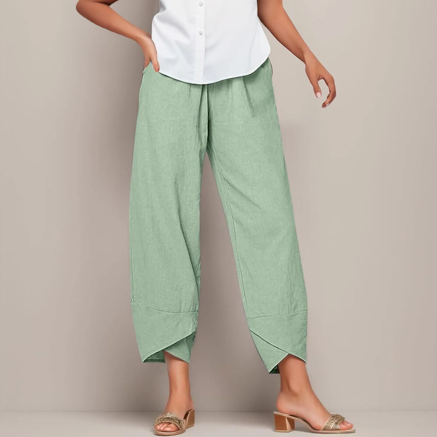 Capri Pants for Women Summer Beach Elastic Waisted Wide Leg Floral Printed Casual Loose Lightweight Relax with Pockets