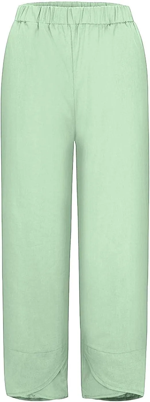 Capri Pants for Women Summer Beach Elastic Waisted Wide Leg Floral Printed Casual Loose Lightweight Relax with Pockets