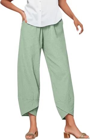 Capri Pants for Women Summer Beach Elastic Waisted Wide Leg Floral Printed Casual Loose Lightweight Relax with Pockets