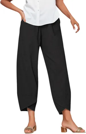 Capri Pants for Women Summer Beach Elastic Waisted Wide Leg Floral Printed Casual Loose Lightweight Relax with Pockets