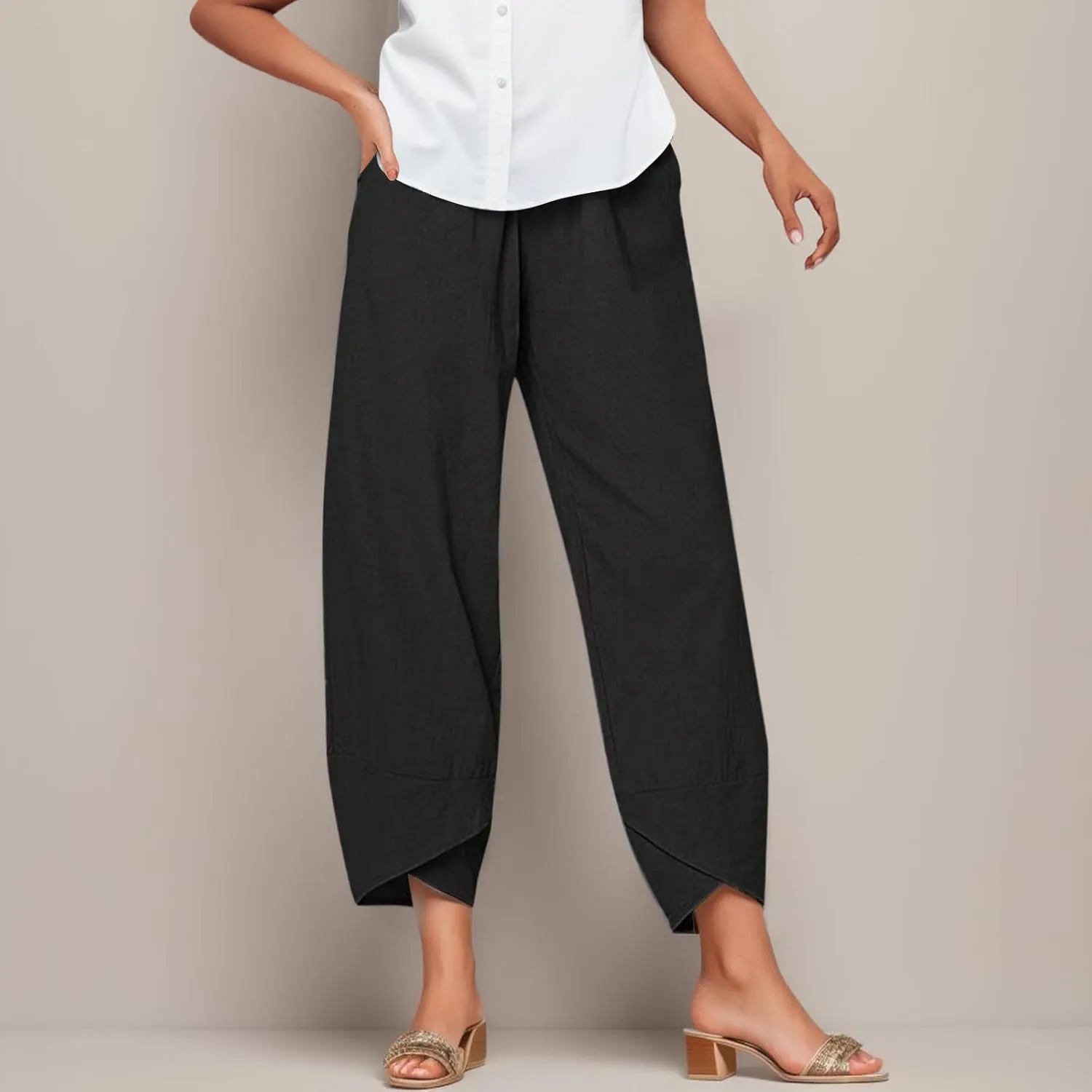 Capri Pants for Women Summer Beach Elastic Waisted Wide Leg Floral Printed Casual Loose Lightweight Relax with Pockets