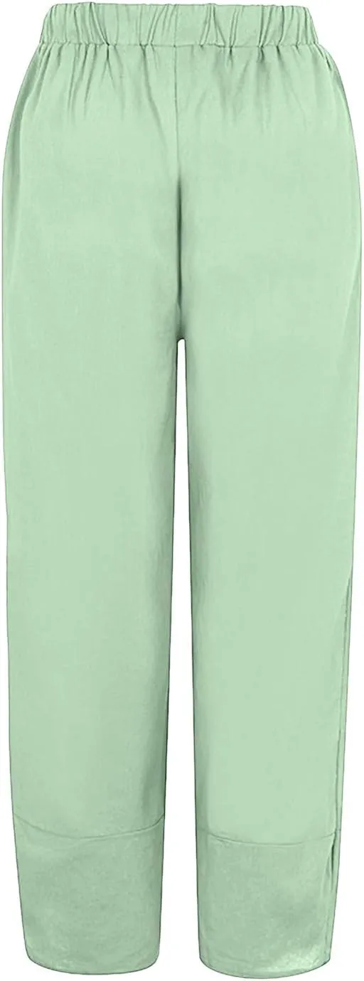 Capri Pants for Women Summer Beach Elastic Waisted Wide Leg Floral Printed Casual Loose Lightweight Relax with Pockets
