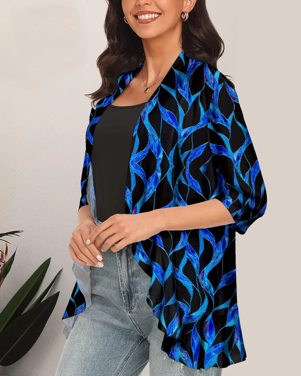 Cardigans for Women Trendy 3/4 Sleeves Lightweight Summer Flower Ruffles Striped Color Block Cardigan