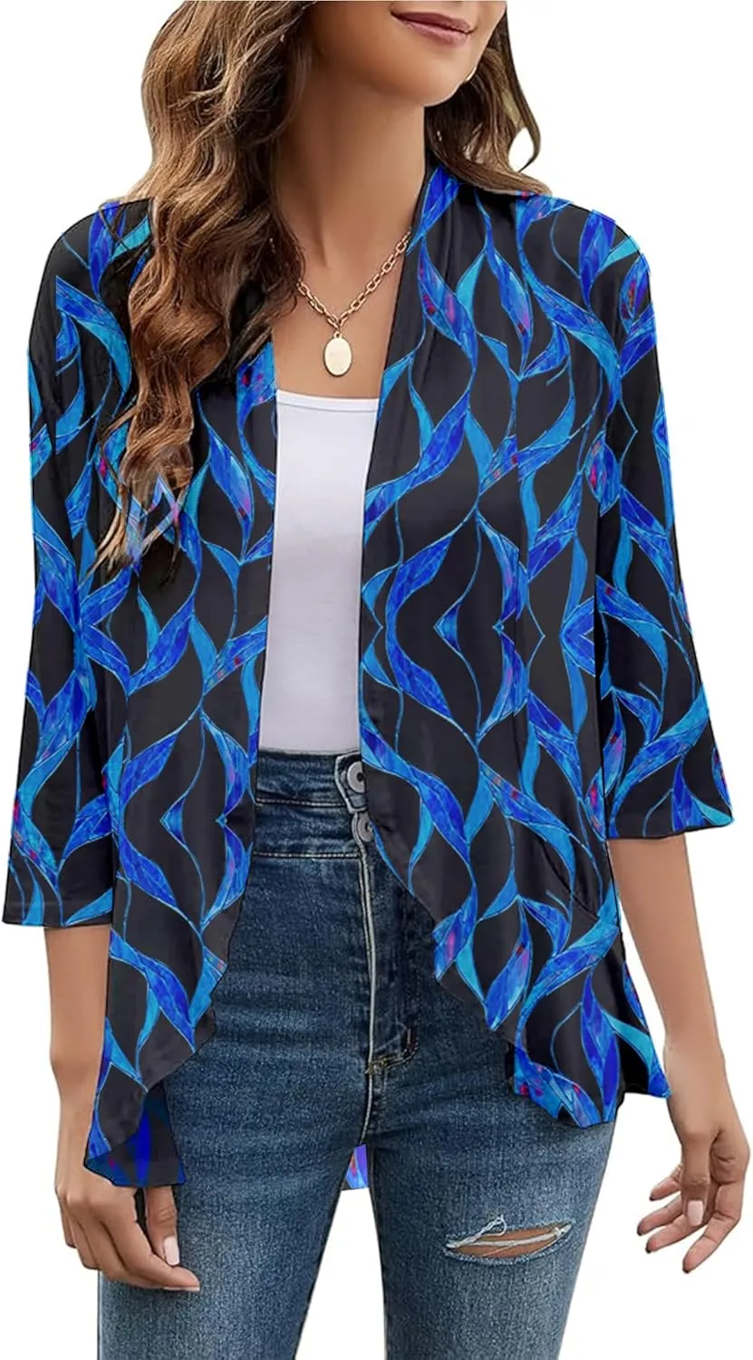 Cardigans for Women Trendy 3/4 Sleeves Lightweight Summer Flower Ruffles Striped Color Block Cardigan