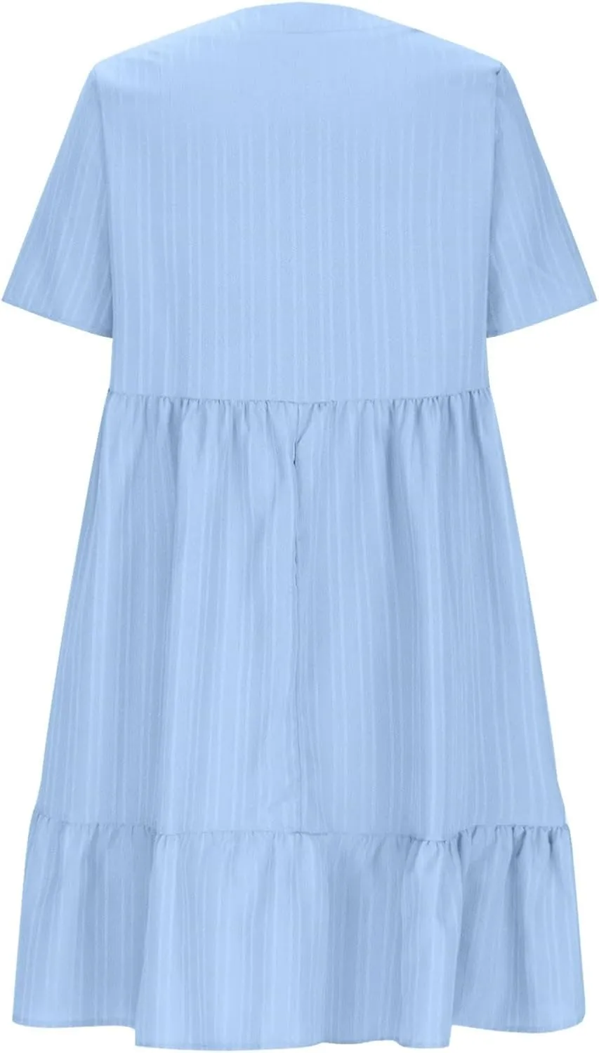 Cbcbtwo Summer Dresses for Women 2025 Casual Loose Fit V Neck Dress Short Sleeve Solid Flowy Sundress Vacation Midi Dress