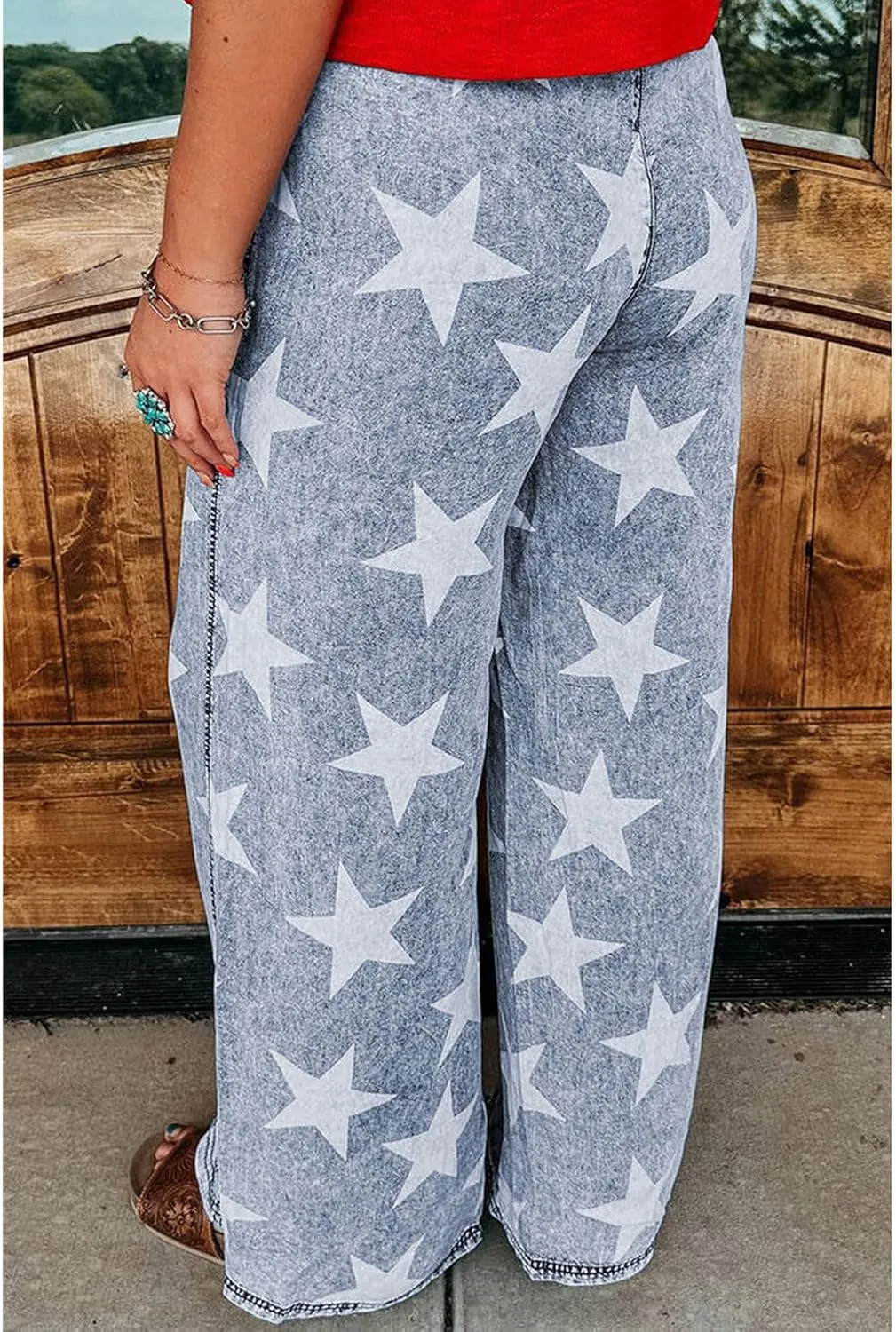 CHARTOU Women Baggy Wide Leg Drawstring Jeans Flare Elastic High Waist Star Printed Jeans Loose Denim Pants