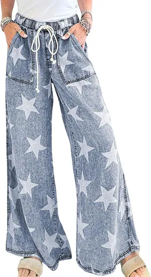 CHARTOU Women Baggy Wide Leg Drawstring Jeans Flare Elastic High Waist Star Printed Jeans Loose Denim Pants