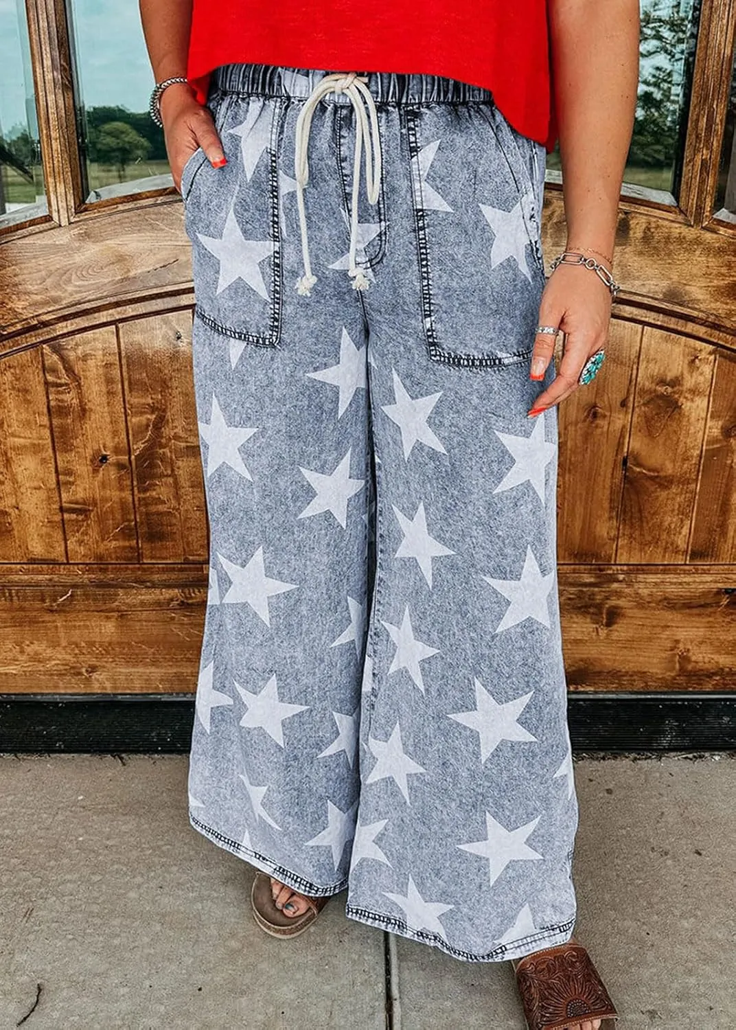 CHARTOU Women Baggy Wide Leg Drawstring Jeans Flare Elastic High Waist Star Printed Jeans Loose Denim Pants