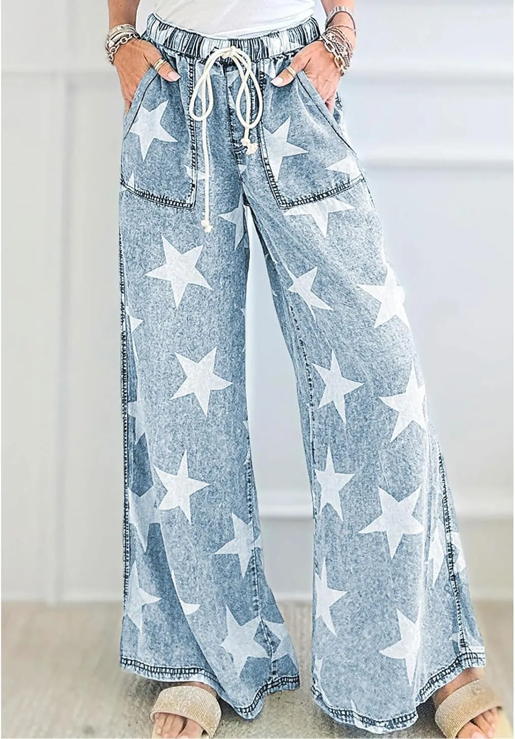 CHARTOU Women Baggy Wide Leg Drawstring Jeans Flare Elastic High Waist Star Printed Jeans Loose Denim Pants