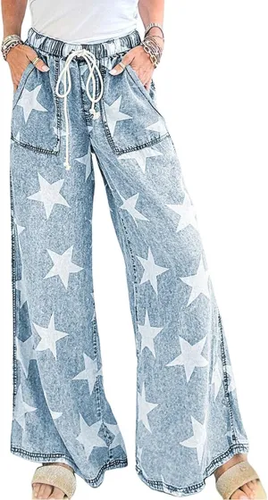 CHARTOU Women Baggy Wide Leg Drawstring Jeans Flare Elastic High Waist Star Printed Jeans Loose Denim Pants