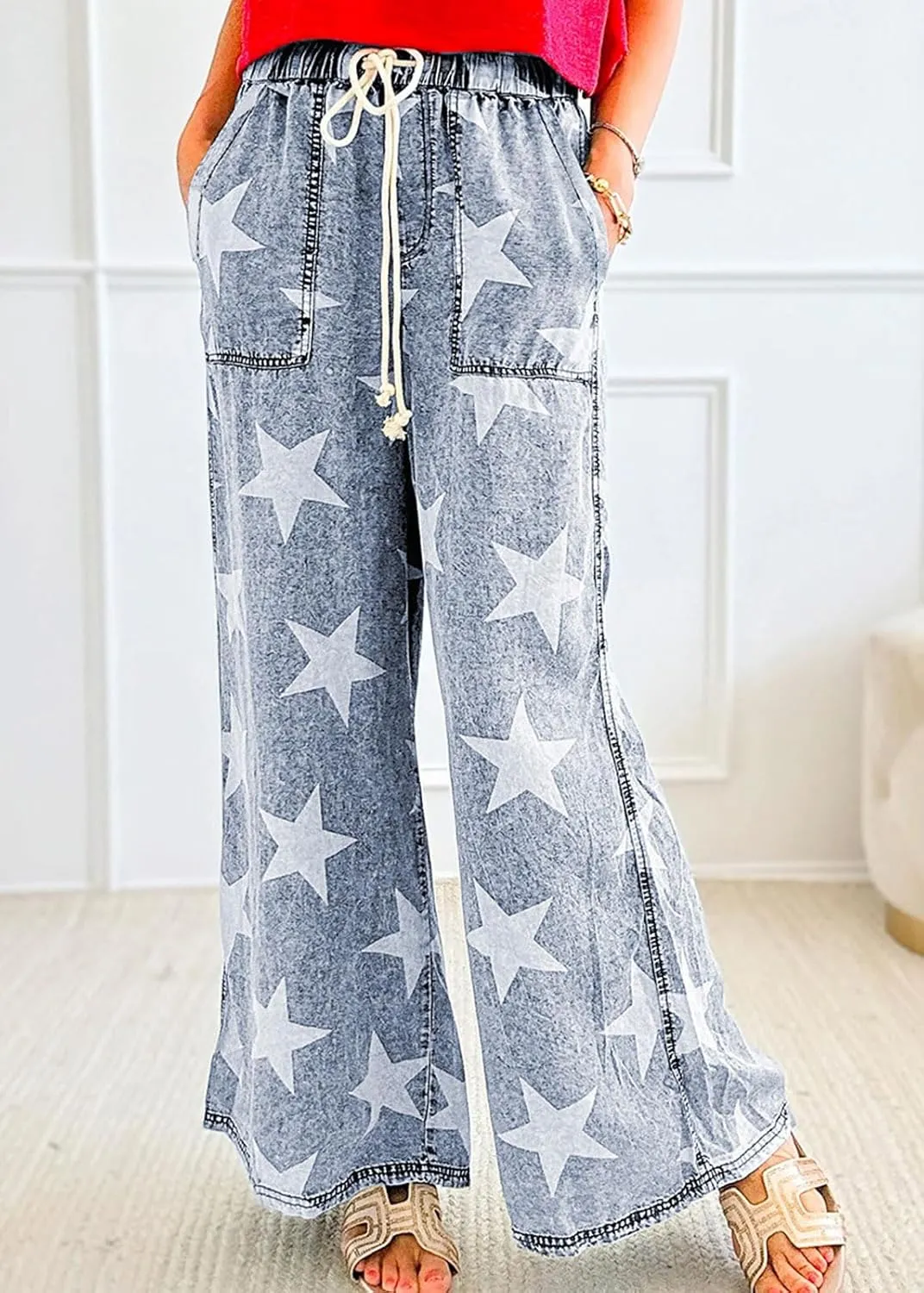 CHARTOU Women Baggy Wide Leg Drawstring Jeans Flare Elastic High Waist Star Printed Jeans Loose Denim Pants