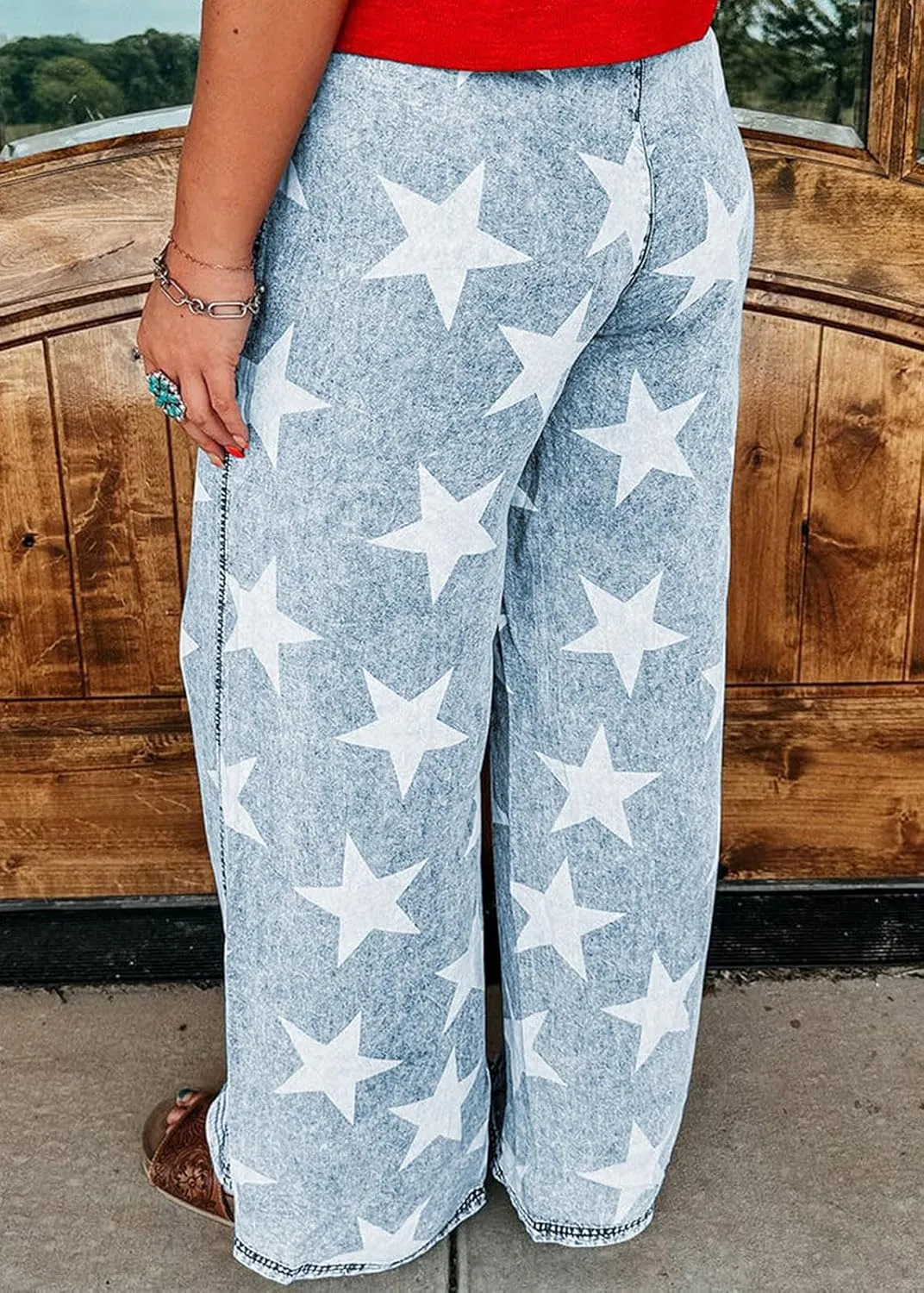 CHARTOU Women Baggy Wide Leg Drawstring Jeans Flare Elastic High Waist Star Printed Jeans Loose Denim Pants