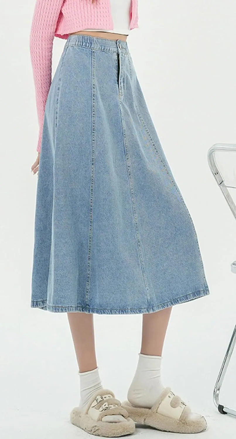 chouyatou Women's High Elastic Waist Spring Midi Denim Skirt Casual A-Line Pleated Umbrella Jean Skirt
