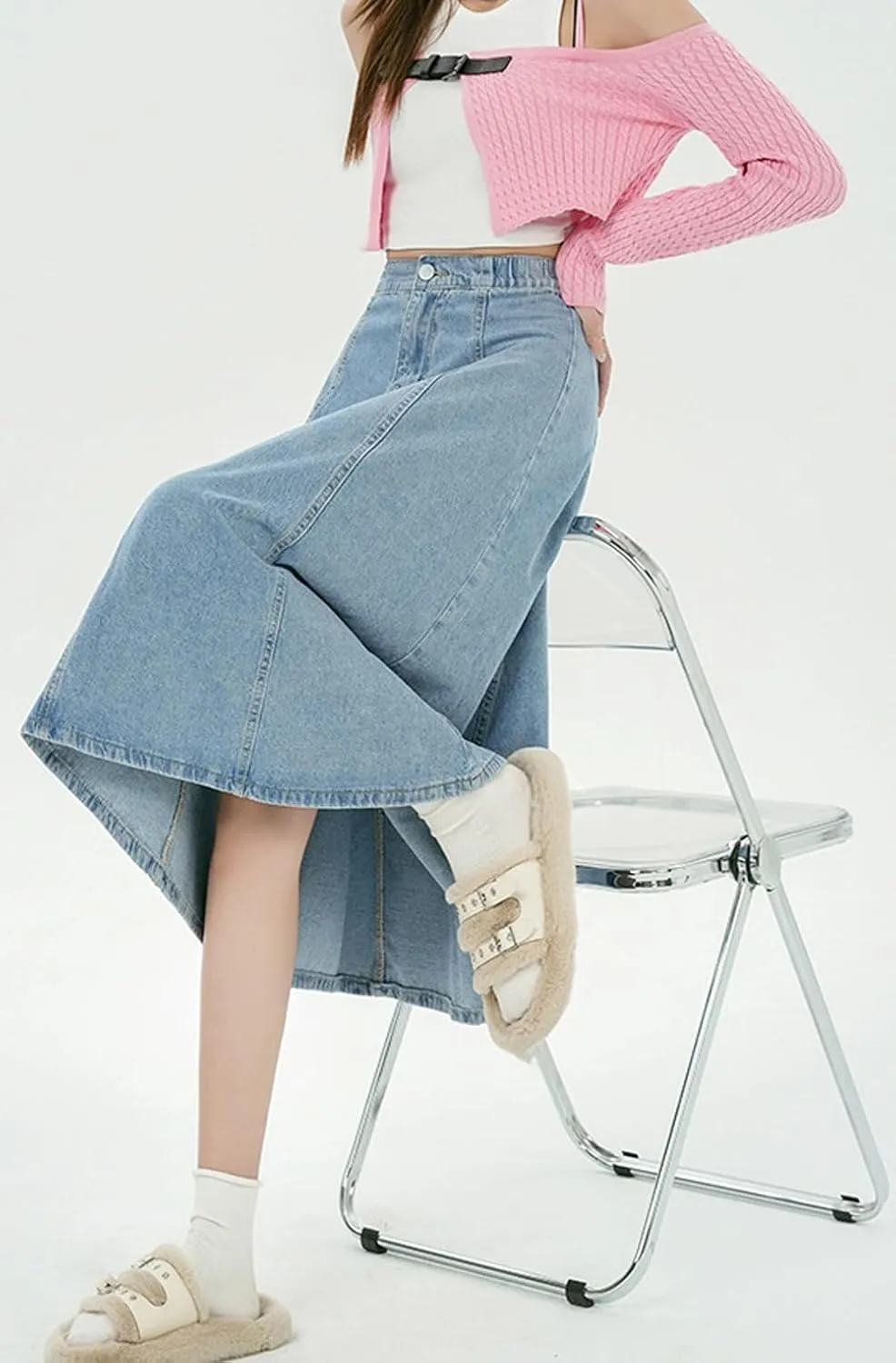 chouyatou Women's High Elastic Waist Spring Midi Denim Skirt Casual A-Line Pleated Umbrella Jean Skirt