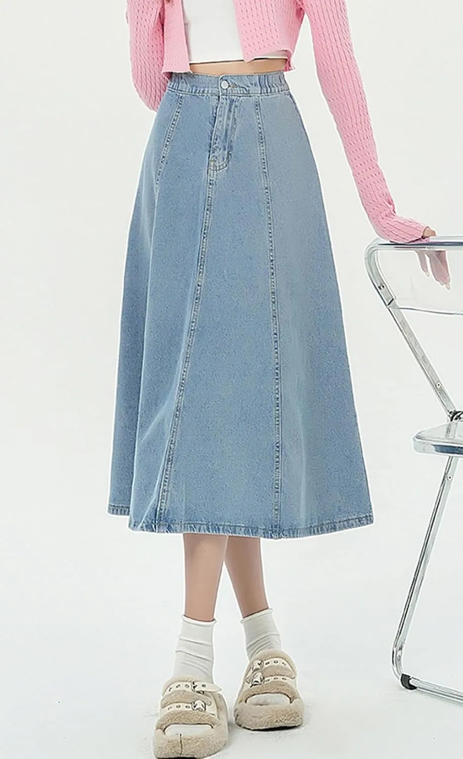 chouyatou Women's High Elastic Waist Spring Midi Denim Skirt Casual A-Line Pleated Umbrella Jean Skirt