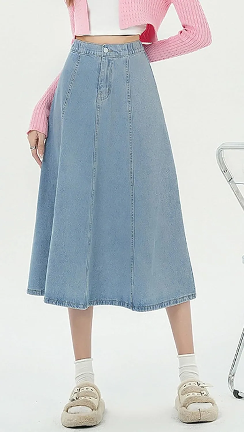 chouyatou Women's High Elastic Waist Spring Midi Denim Skirt Casual A-Line Pleated Umbrella Jean Skirt