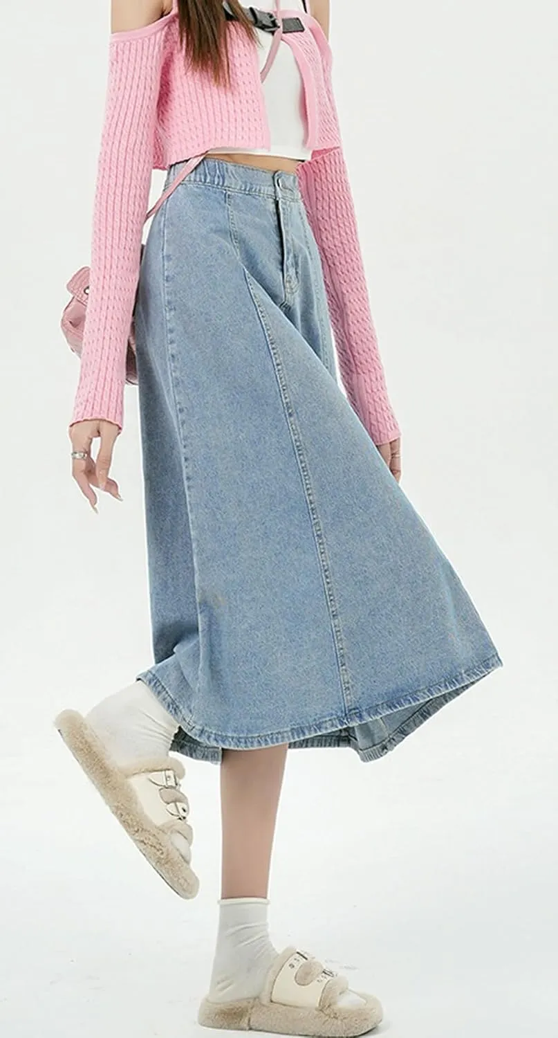 chouyatou Women's High Elastic Waist Spring Midi Denim Skirt Casual A-Line Pleated Umbrella Jean Skirt