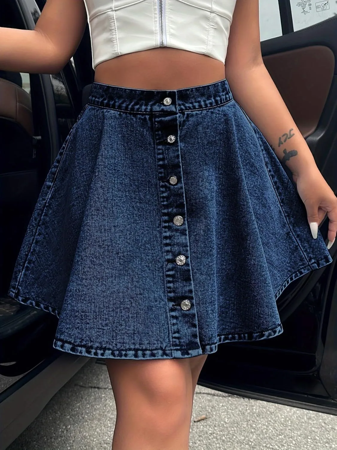 chouyatou Women's High Waisted Denim Button Down Mini Skirt Cute A-Line Skater Short Jean Skirt
