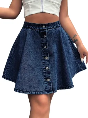 chouyatou Women's High Waisted Denim Button Down Mini Skirt Cute A-Line Skater Short Jean Skirt