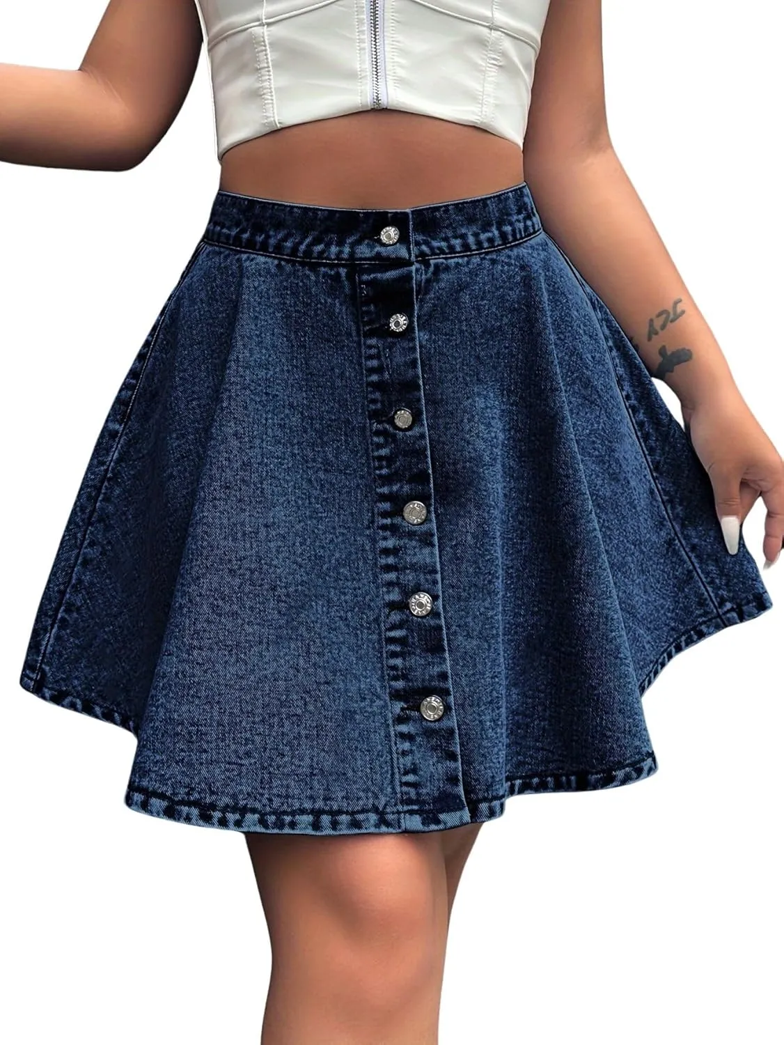 chouyatou Women's High Waisted Denim Button Down Mini Skirt Cute A-Line Skater Short Jean Skirt