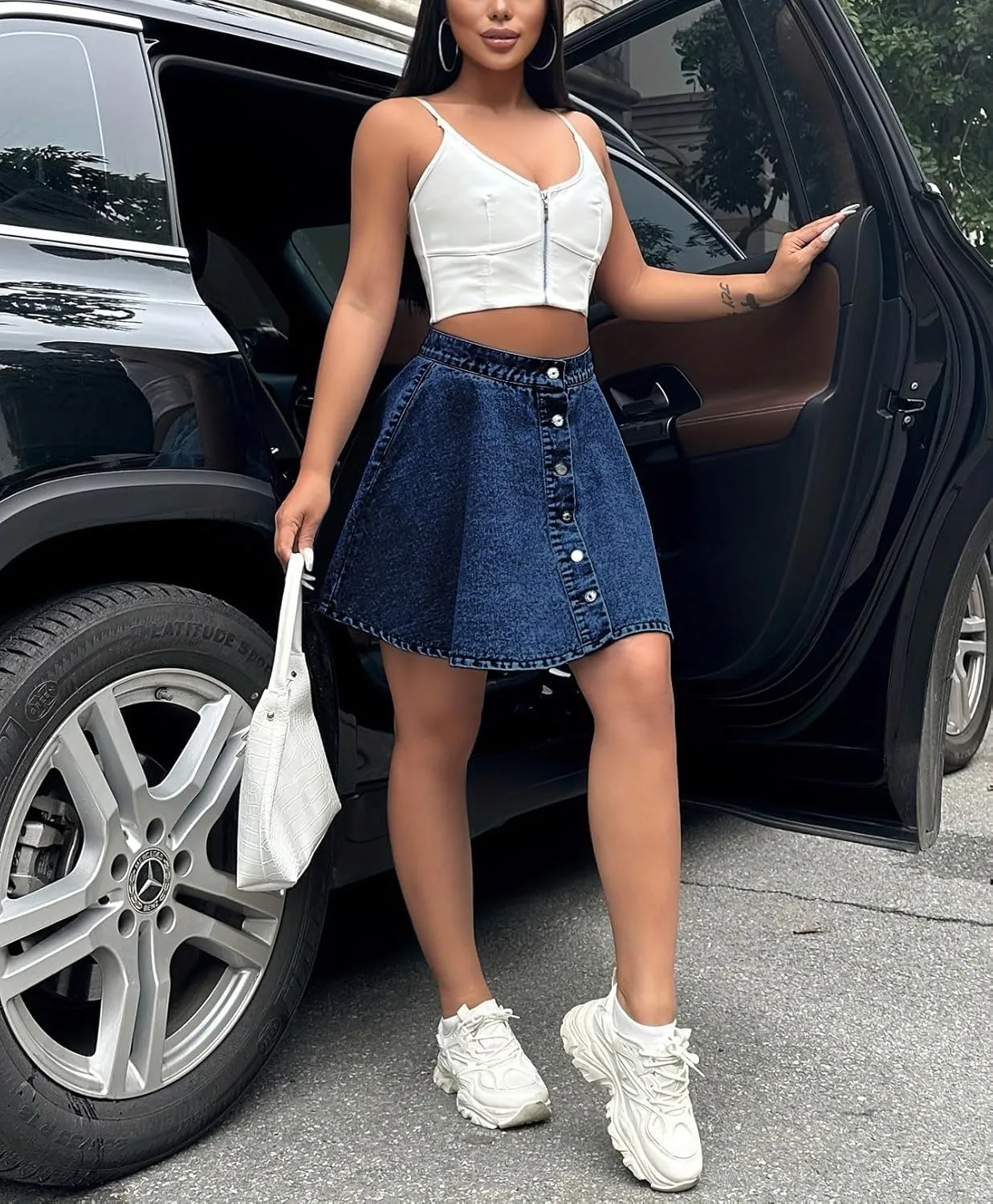 chouyatou Women's High Waisted Denim Button Down Mini Skirt Cute A-Line Skater Short Jean Skirt
