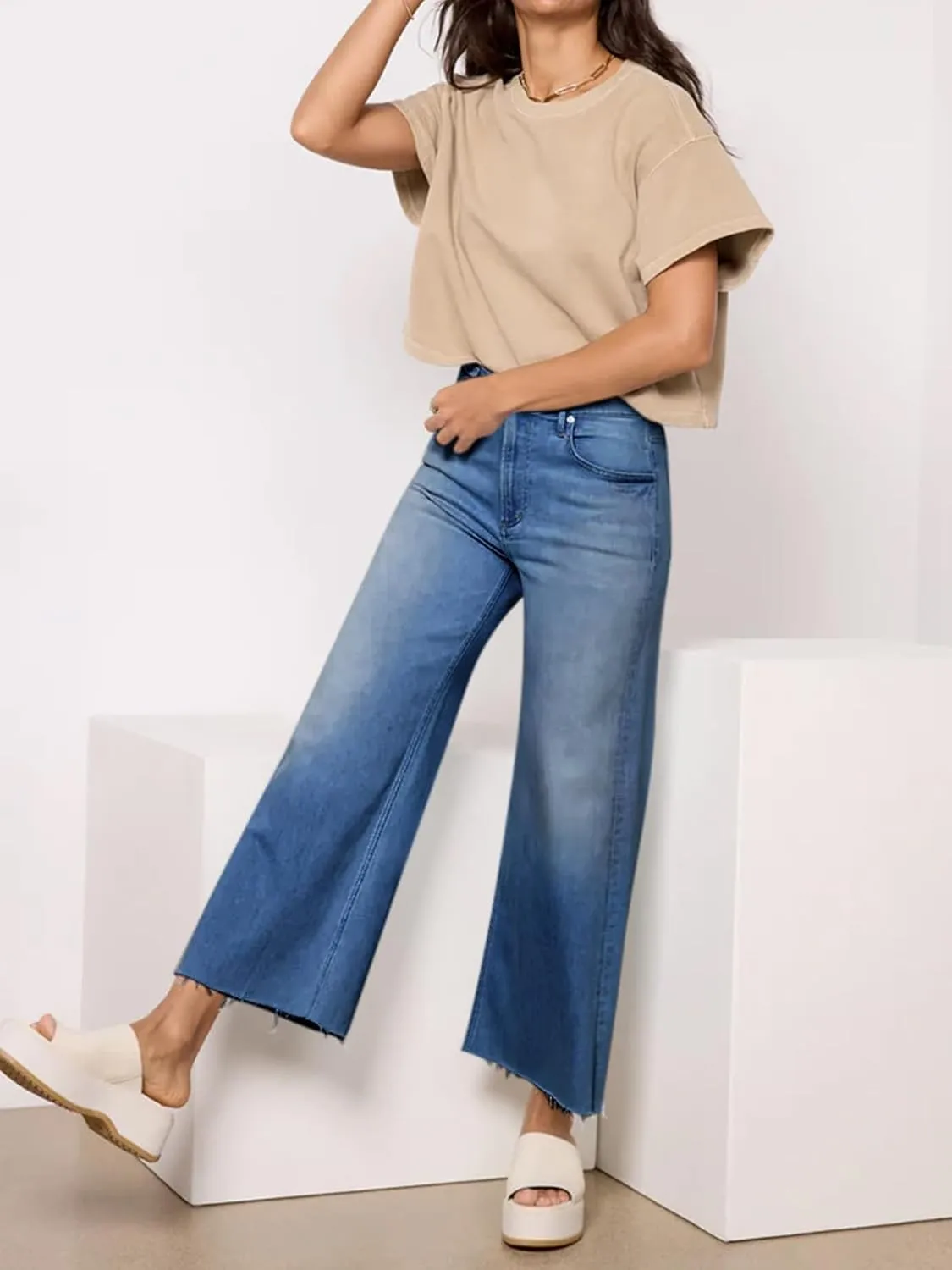 Cicy Bell Womens Cropped Wide Leg Jeans High Waisted Stretchy Flare Jeans Boyfriend Baggy Ankle Denim Pants with Pockets