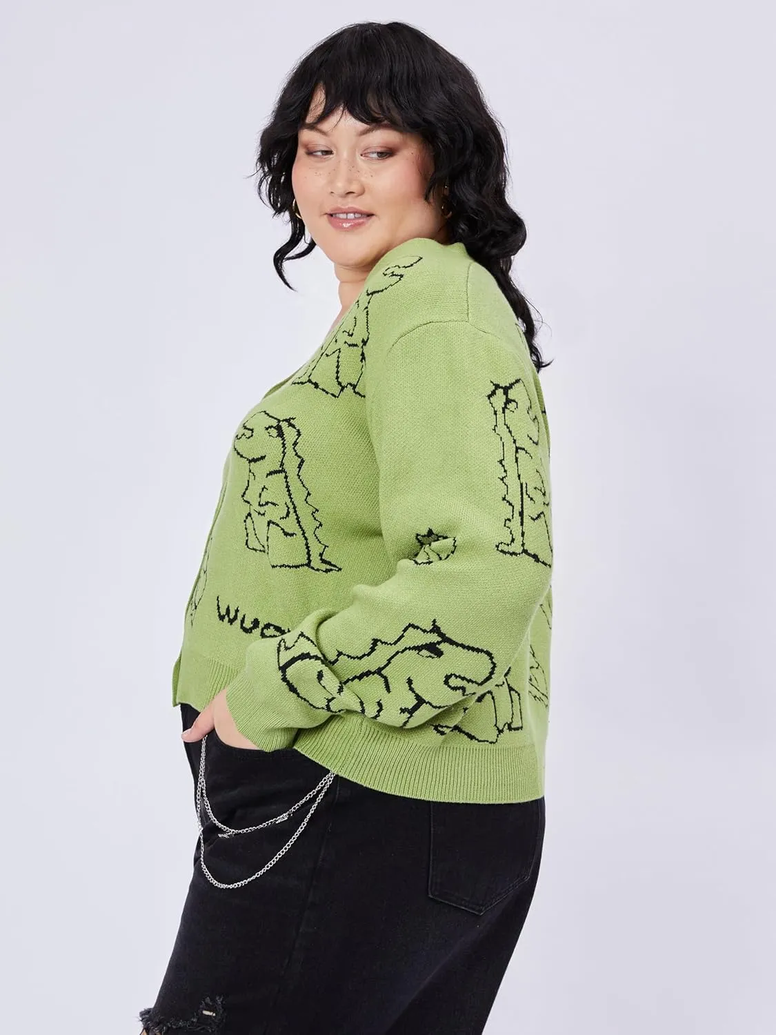 CIDER Womens Dinosaur Cardigan Graphic Streetwear Cute Patterned Preppy Sweater
