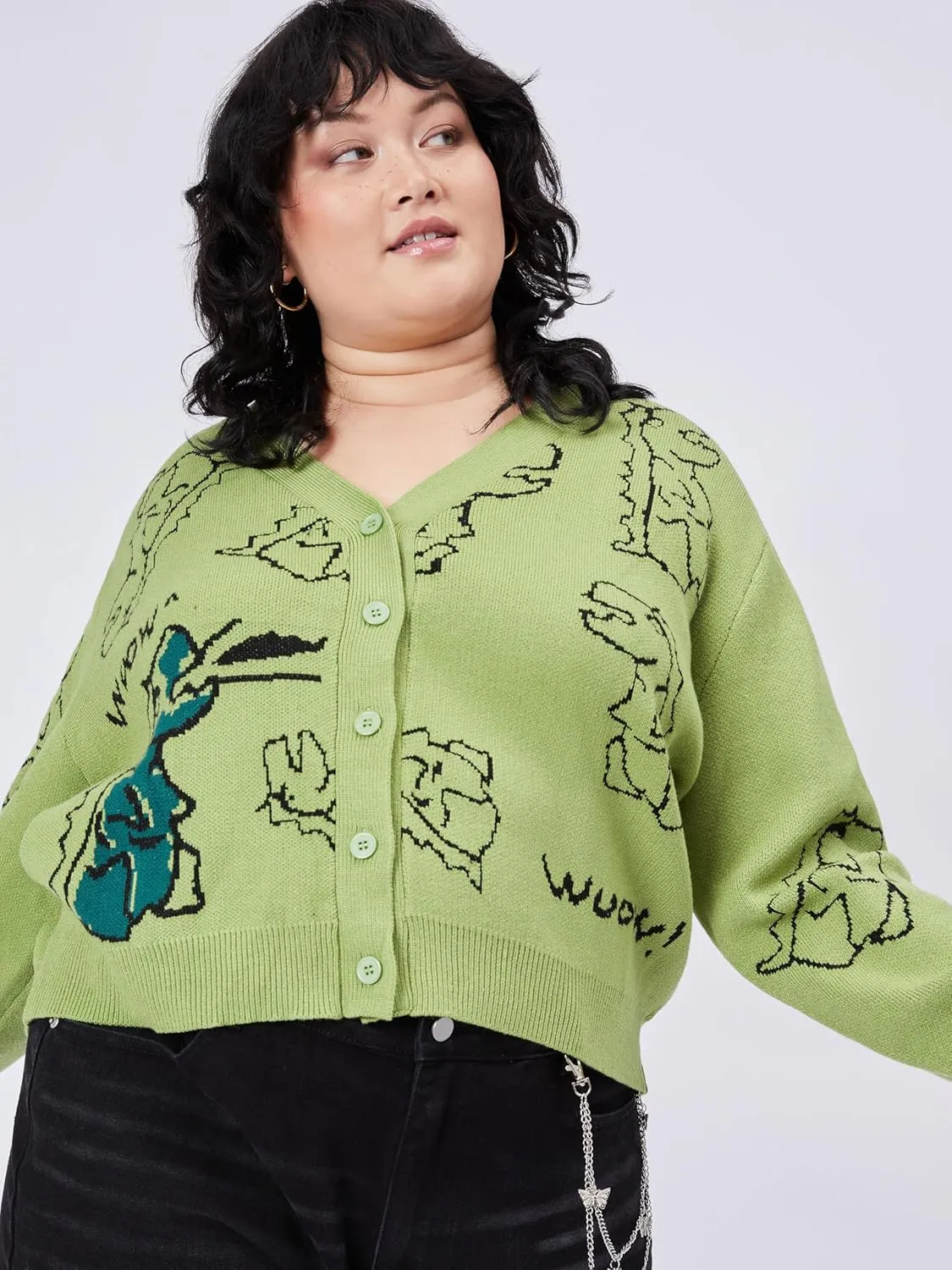CIDER Womens Dinosaur Cardigan Graphic Streetwear Cute Patterned Preppy Sweater