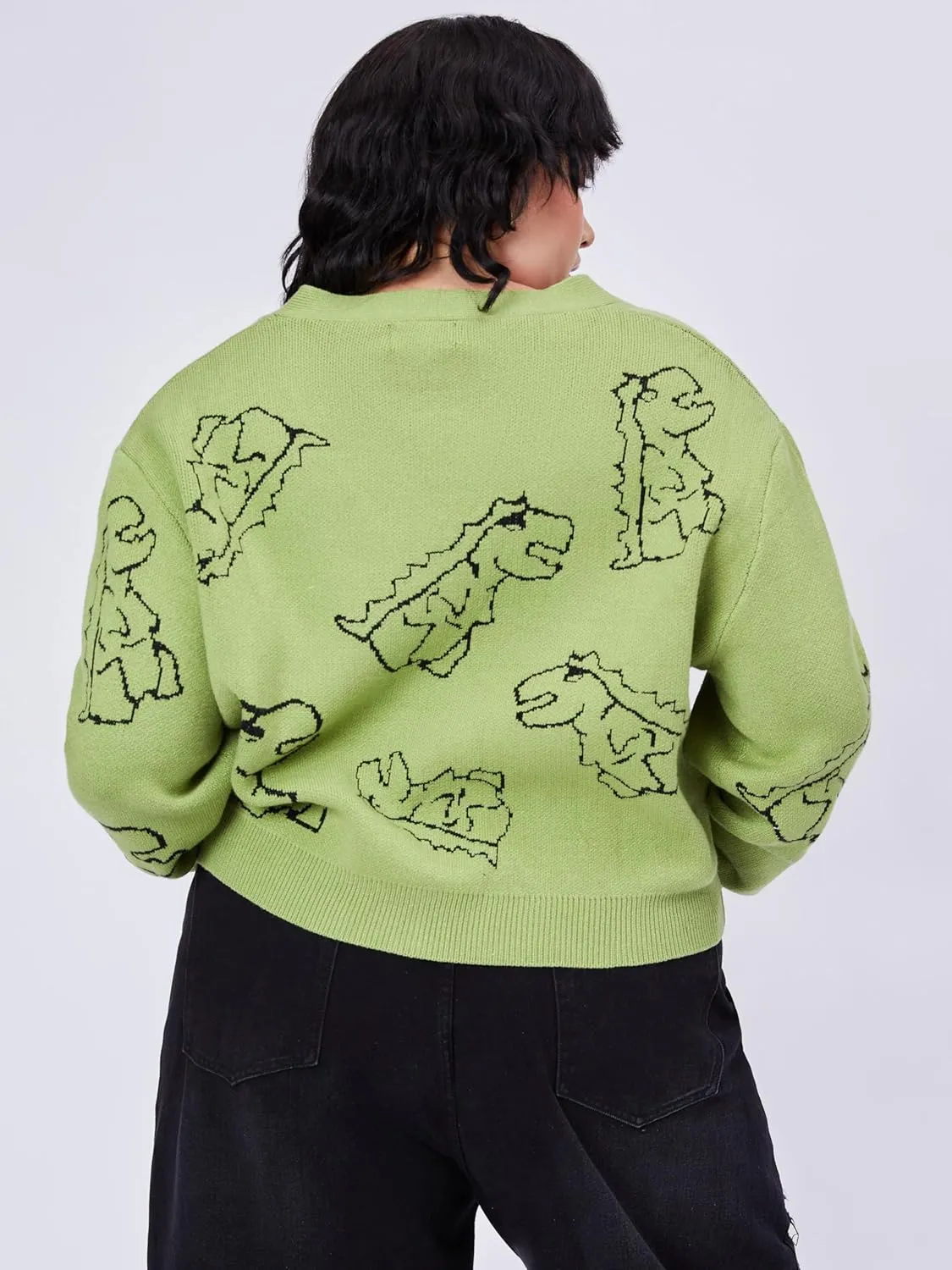 CIDER Womens Dinosaur Cardigan Graphic Streetwear Cute Patterned Preppy Sweater
