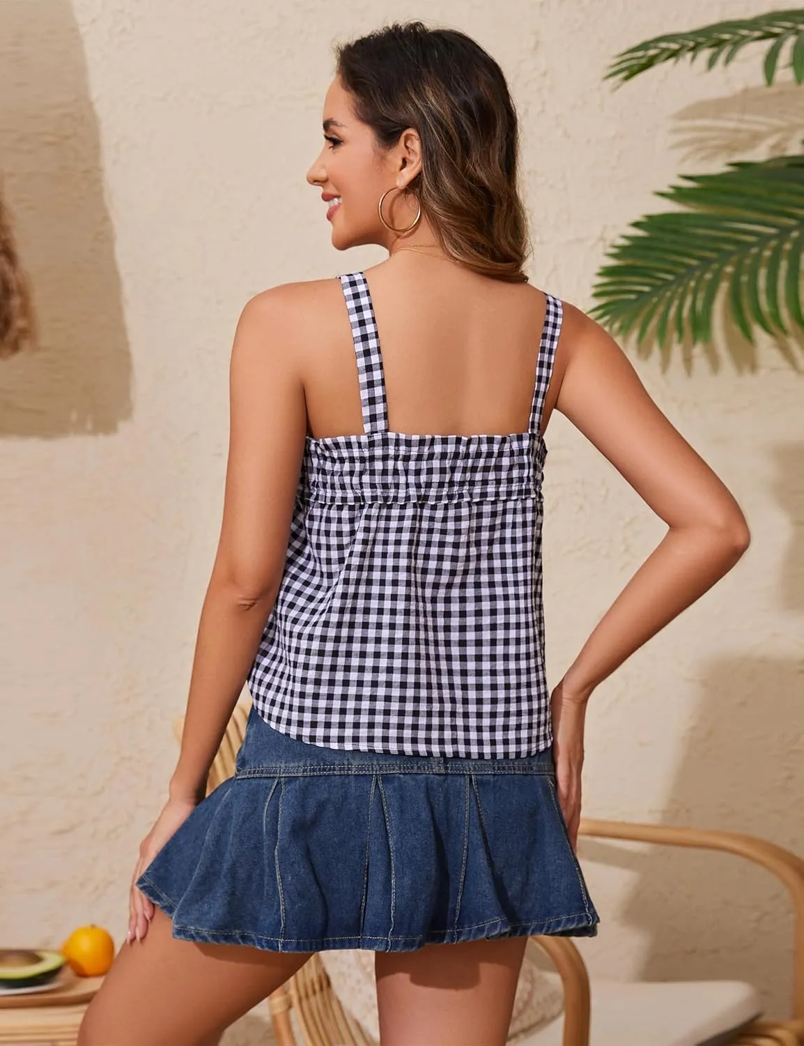 Cotton Gingham Tie Front Tank Tops for Women Girls Cute Plaid Tank Tops Casual Summer Going Out Top