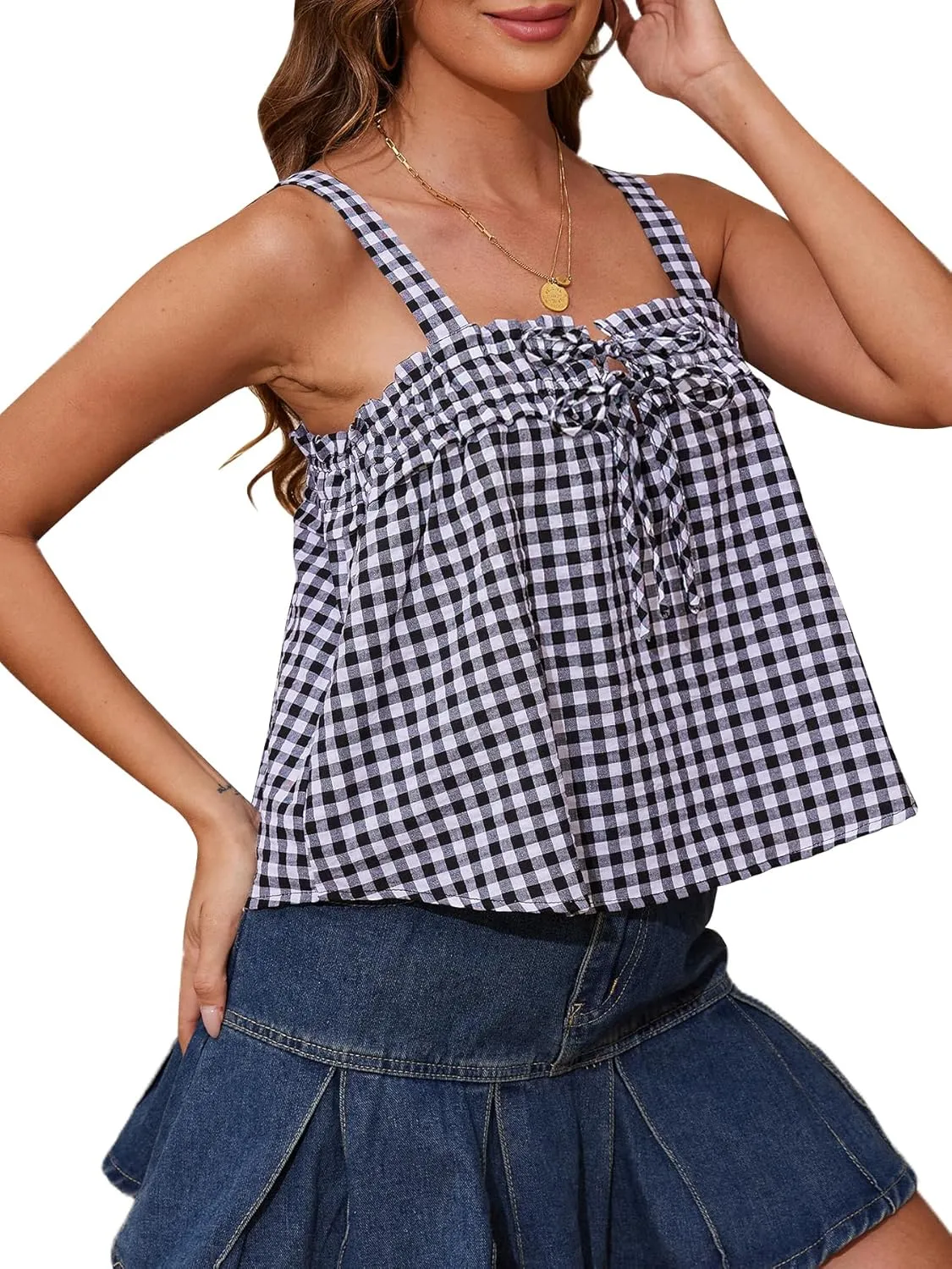 Cotton Gingham Tie Front Tank Tops for Women Girls Cute Plaid Tank Tops Casual Summer Going Out Top
