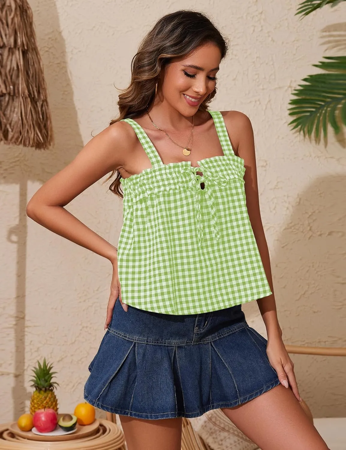 Cotton Gingham Tie Front Tank Tops for Women Girls Cute Plaid Tank Tops Casual Summer Going Out Top