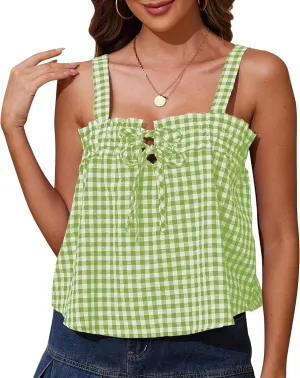 Cotton Gingham Tie Front Tank Tops for Women Girls Cute Plaid Tank Tops Casual Summer Going Out Top