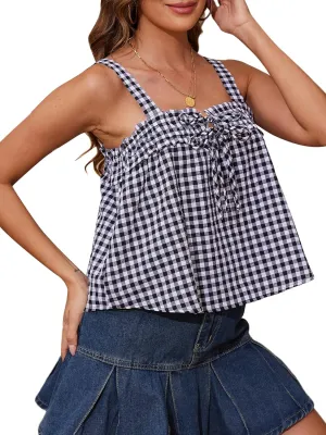 Cotton Gingham Tie Front Tank Tops for Women Girls Cute Plaid Tank Tops Casual Summer Going Out Top