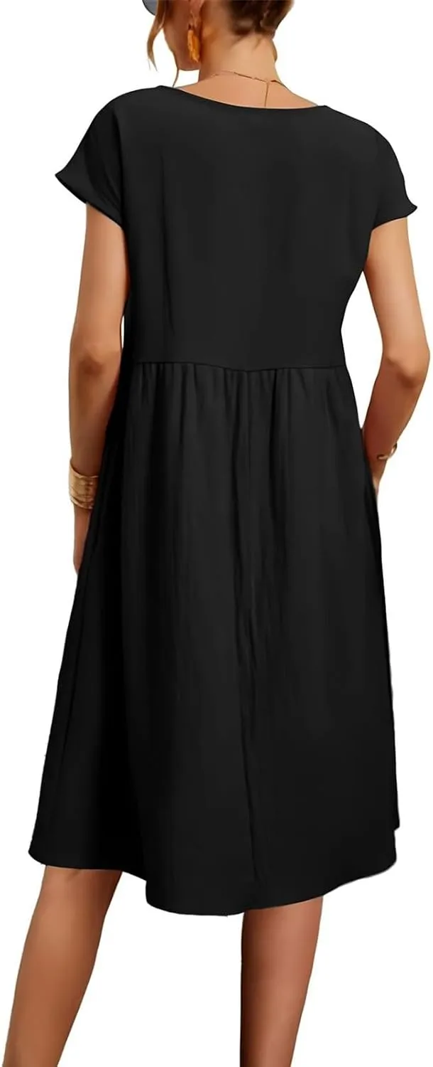 Cotton Linen Dresses for Women 2025 Summer Crewneck Short Sleeve Boho Maxi Dress Casual Loose Beach Dresses with Pockets