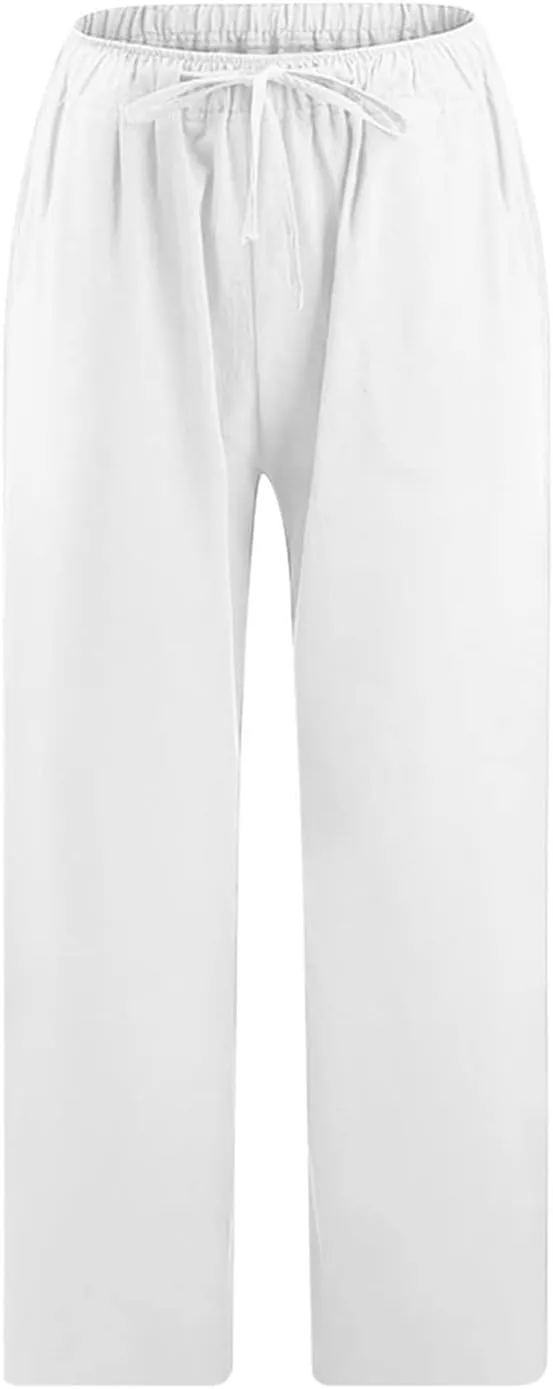 Cotton Linen Pants for Women High Waisted Wide Leg Capris Summer Casual Elastic Drawstring Cropped Trouseres 2025