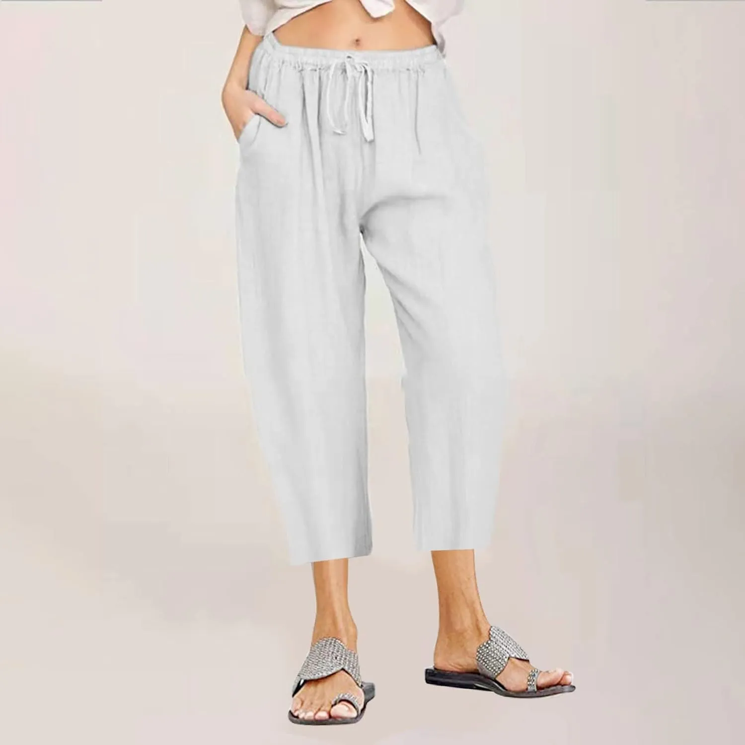 Cotton Linen Pants for Women High Waisted Wide Leg Capris Summer Casual Elastic Drawstring Cropped Trouseres 2025