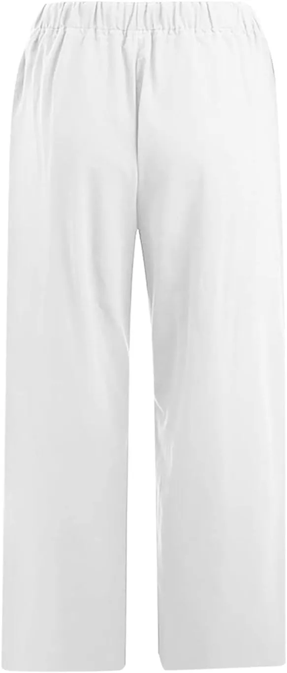 Cotton Linen Pants for Women High Waisted Wide Leg Capris Summer Casual Elastic Drawstring Cropped Trouseres 2025
