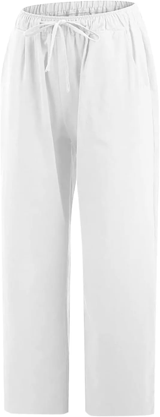 Cotton Linen Pants for Women High Waisted Wide Leg Capris Summer Casual Elastic Drawstring Cropped Trouseres 2025