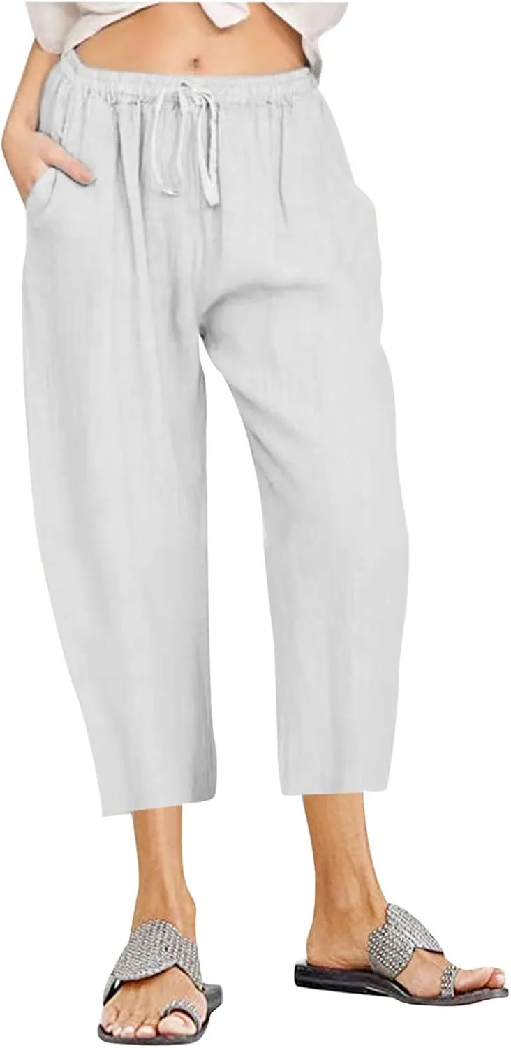Cotton Linen Pants for Women High Waisted Wide Leg Capris Summer Casual Elastic Drawstring Cropped Trouseres 2025