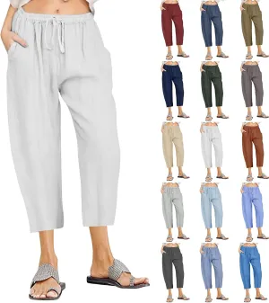 Cotton Linen Pants for Women High Waisted Wide Leg Capris Summer Casual Elastic Drawstring Cropped Trouseres 2025