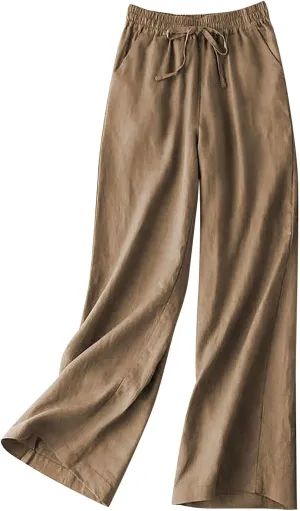 Cotton Linen Pants Women Casual Drawstring Elastic Waist Straight Leg Trousers Solid Color Lounge Pocket Pants