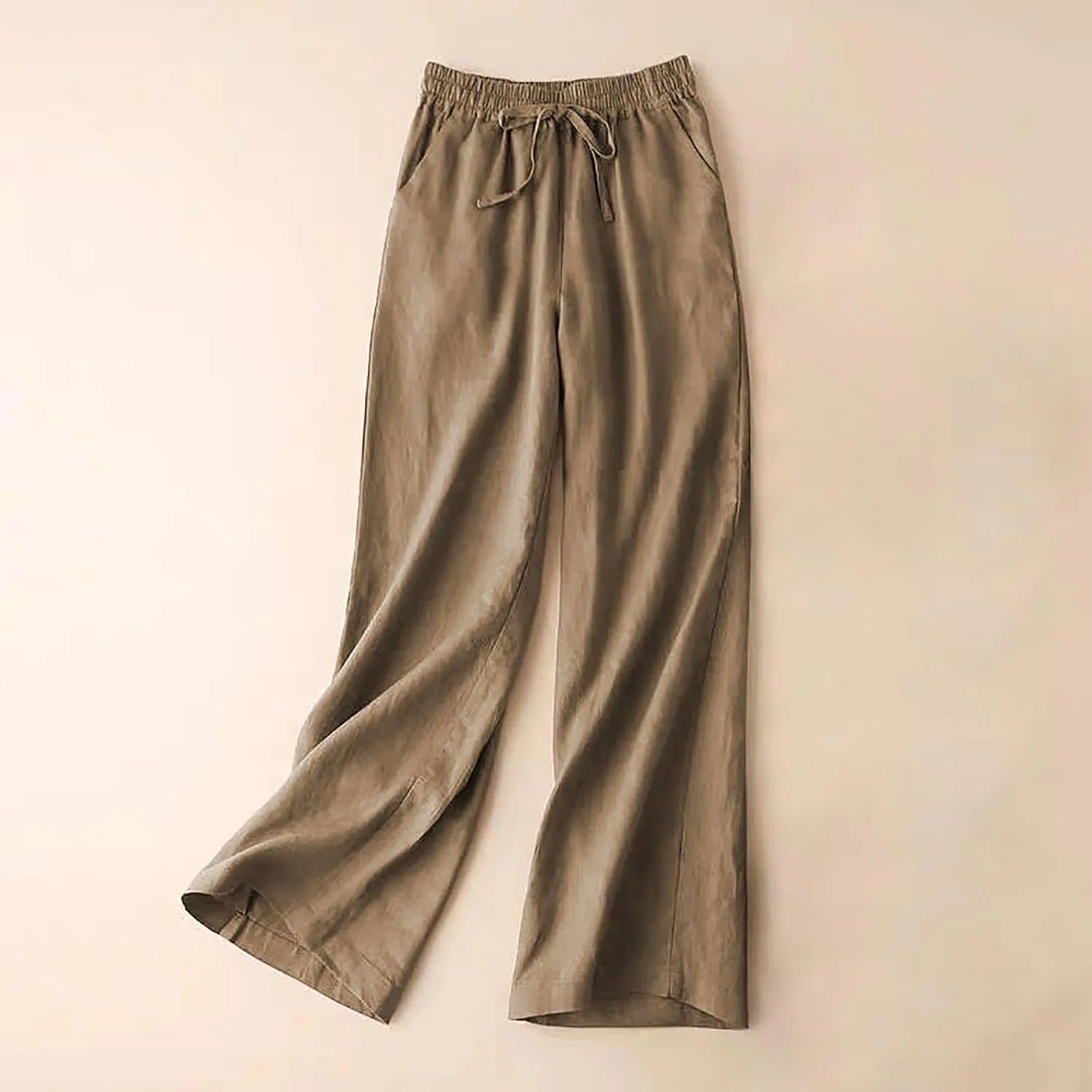 Cotton Linen Pants Women Casual Drawstring Elastic Waist Straight Leg Trousers Solid Color Lounge Pocket Pants